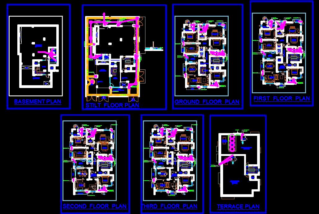 4-Storey Villa Layout- Furniture & Plumbing Plan DWG